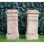 Doulton Lambeth; a pair of stepped square terracotta chimney pots, 37cm wide x 80cm high, (2).