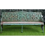 Coalbrookdale; Nasturtium pattern green painted cast iron garden bench, 182cm wide x 87cm high, (a.