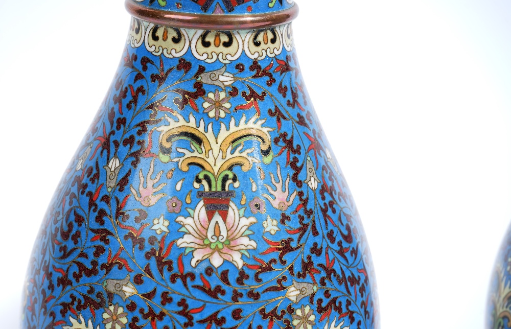 A pair of Chinese cloisonné vases, 20th century, of slender pear form, - Image 3 of 6