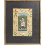 A Persian miniature, 20th century, gouache on paper, painted with a figure standing by a stream,