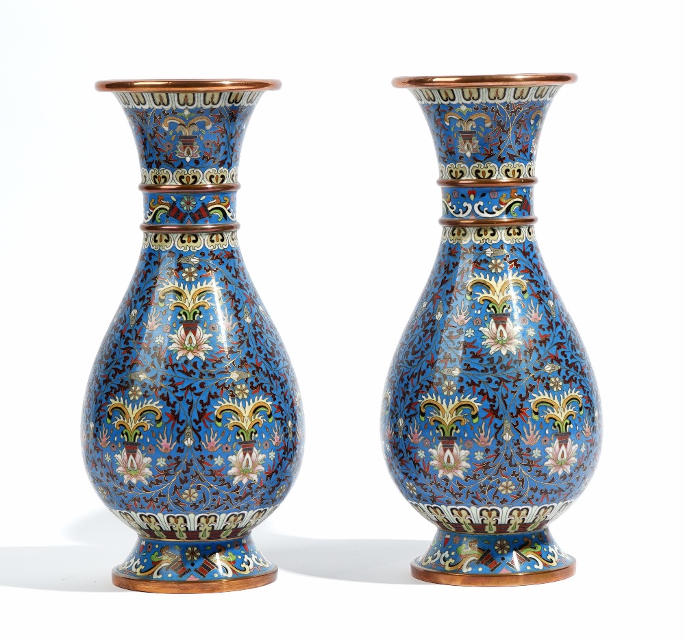 A pair of Chinese cloisonné vases, 20th century, of slender pear form,