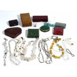 A group of jewellery, comprising; eight necklaces, three bracelets,