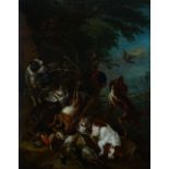 Follower of Adriaen de Gryeff, Hunting dogs with game in a landscape, oil on panel, 63 x 48.5cm.