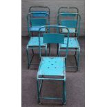 Industrial design, a set of five blue painted metal stacking chairs with tubular frames,