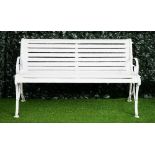 Possibly Coalbrookdale, a white painted cast iron garden bench on X-framed ends,