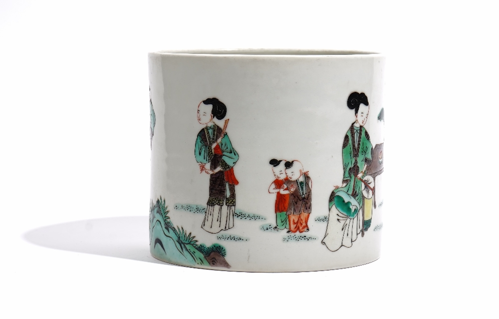 A Chinese famille-verte cylindrical brush pot.