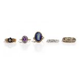 A 9ct gold, sapphire and diamond set seven stone cluster ring, a 9ct gold,