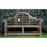A teak Lutyens style garden bench, 165cm wide x 105cm high.
