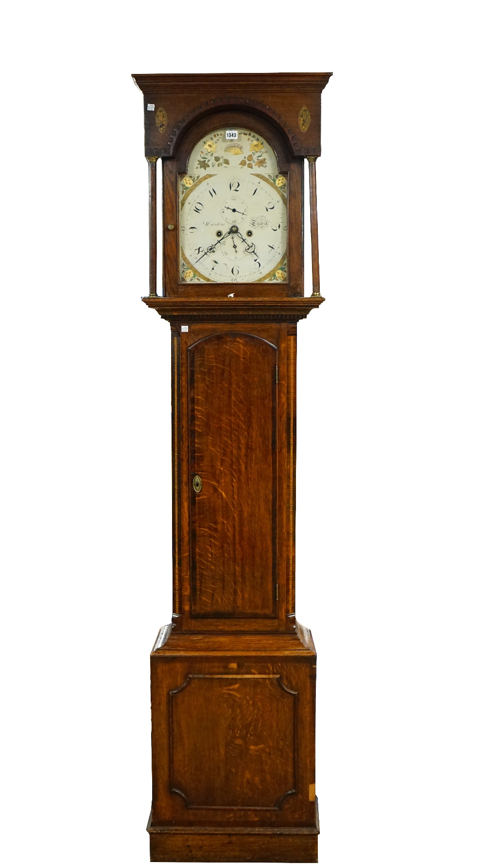 A George III oak longcase clock, the cream and gilt painted arched dial signed 'Martin.