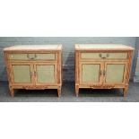 A pair of 18th century style French duck egg blue and peach painted side cabinets,
