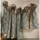 Four pairs of lined and interlined curtains with blue foliate decoration,