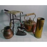 Metalware collectables including trivet, brass shell case, kettle, fire tools and sundry.