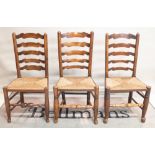 A set of six early 18th century ash and oak ladderback dining chairs, 50cm wide x 100cm high.