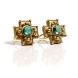 A pair of American gold and cabochon green tourmaline earclips,