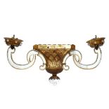 A pair of modern gilt painted metal and perspex twin branched wall lights, with lattice work bodies,