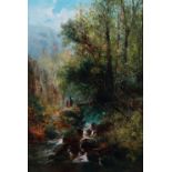English School, 19th Century, Two figures by a bridge in a woodland, oil on canvas, 44.5 x 20.5cm.