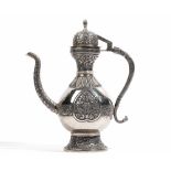 An Indian plated metal coffee pot, of pear shape with hinged dome cover,