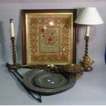 Collectables; a group of pewter plates, a framed tapestry, a fire fender, tools and sundry (qty).