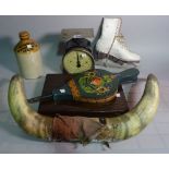Collectables; a group including baby scales, bellows, ice skates, bull horns, shooting stick,