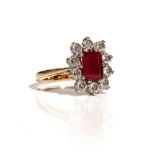 A gold, ruby and diamond set cluster ring,