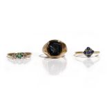 A gold and platinum, sapphire and diamond set nine stone cluster ring, detailed PLAT 18,