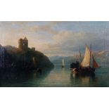 Follower of Edmund Thornton Crawford, Fishing boats in a mountainous water landscape, oil on canvas,