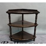 A late Victorian mahogany three tier corner what not, 92cm wide x 100cm high.
