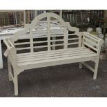 A modern grey painted Lutyens style garden bench, 150cm wide x 105cm high.
