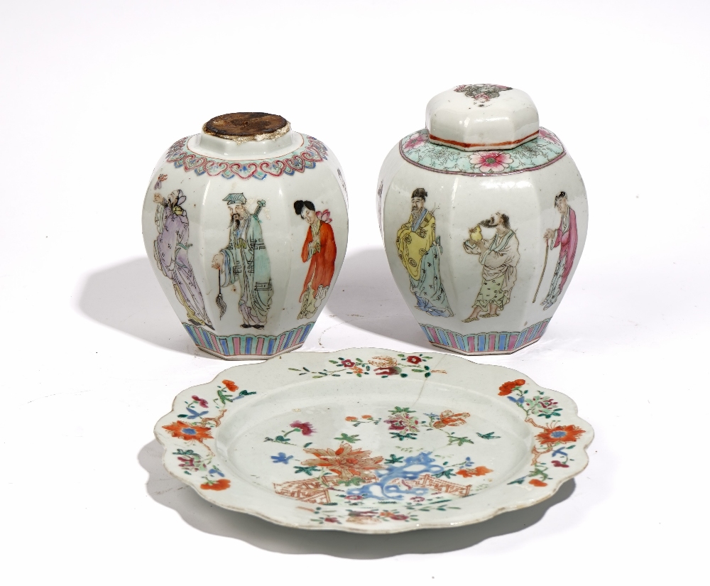 Two Chinese famille- rose octagonal jars and a cover, late 19th/early 20th century,