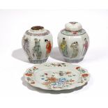Two Chinese famille- rose octagonal jars and a cover, late 19th/early 20th century,