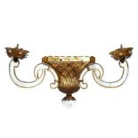 A pair of modern gilt painted metal and Perspex twin branched wall lights, with lattice work bodies,