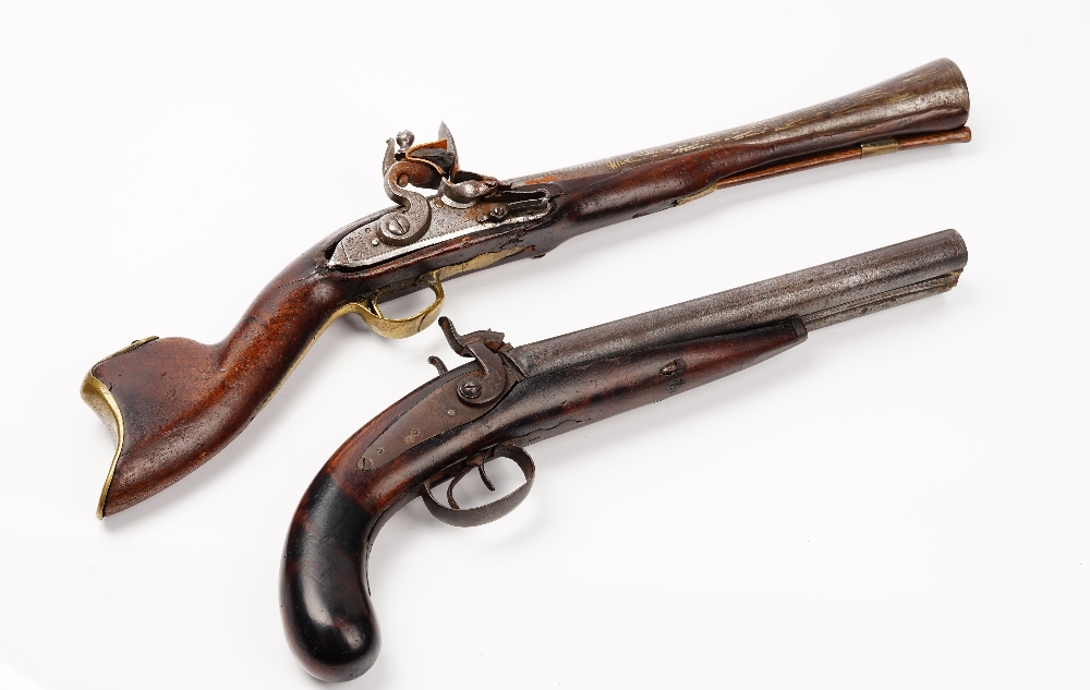 A 19th century Near Eastern flintlock blunderbuss pistol, possibly Turkish,