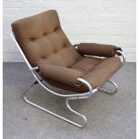 20th century design, a tubular chrome framed open arm easy chair with brown corduroy upholstery,