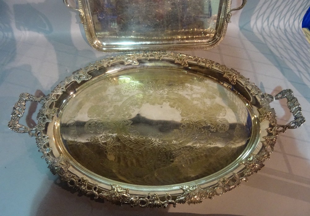 Silver plated wares, comprising seven twin handled serving trays, the largest 62cm wide, (7). - Image 4 of 5