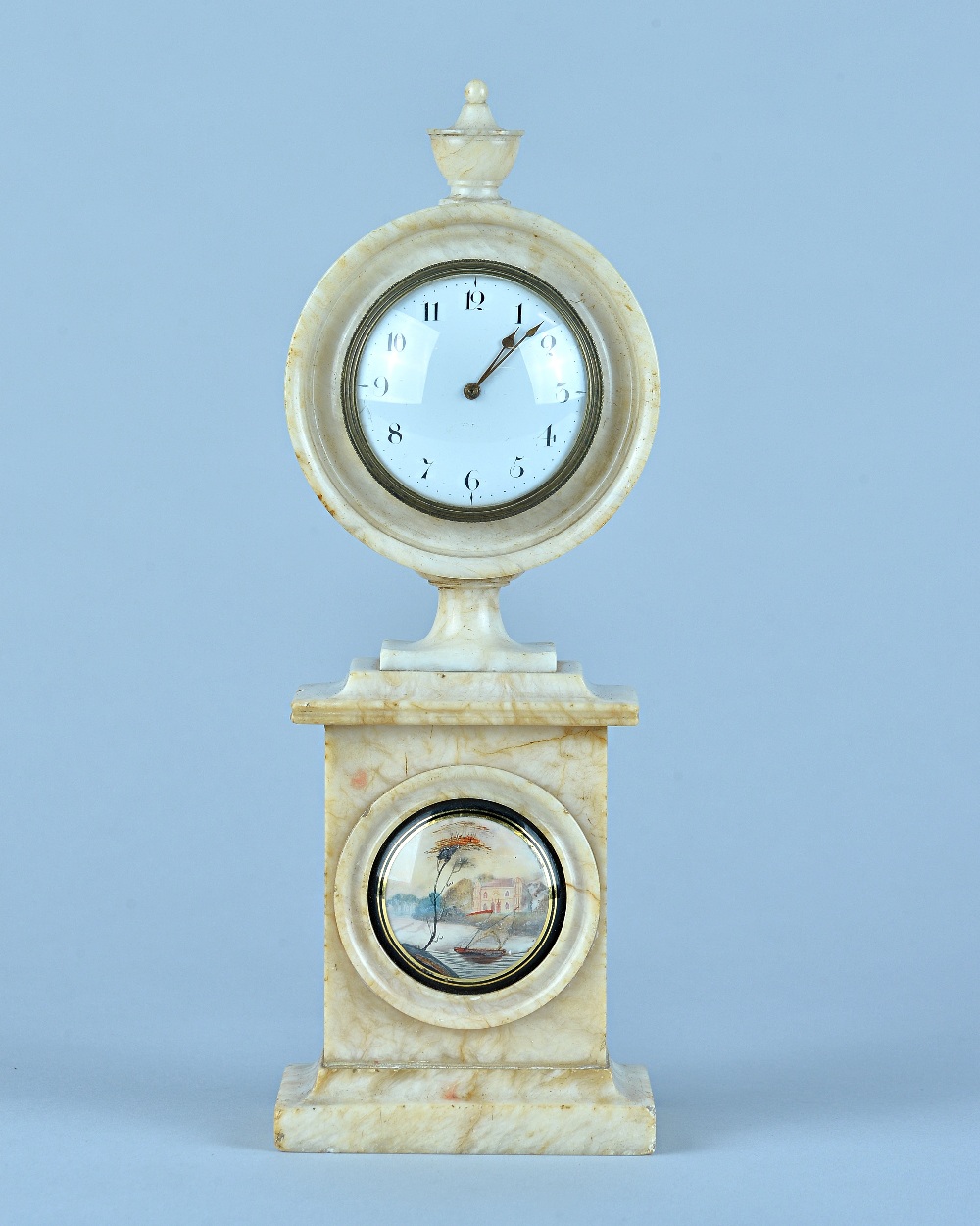 A Regency alabaster mantel timepiece Surmounted by an urn, with 2 3/4in white enamel dial,