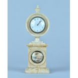 A Regency alabaster mantel timepiece Surmounted by an urn, with 2 3/4in white enamel dial,