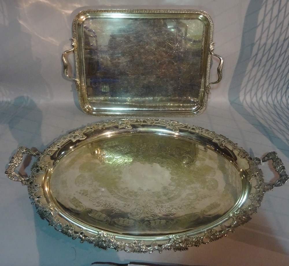 Silver plated wares, comprising seven twin handled serving trays, the largest 62cm wide, (7). - Image 3 of 5