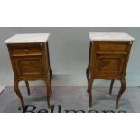 A pair of modern French marble topped oak bedside tables, 40cm wide x 83cm high, (2).