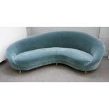 Retro design; a modern curved sofa, on six tapering gilt metal supports, 245cm wide x 82cm high.