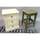 A white painted pine bedside chest of three drawers, 47cm wide x 61cm high,