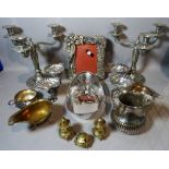 Silver plated wares, mostly modern including a pair of three branch candlesticks, 38cm high,