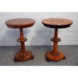 A near pair of Victorian amboyna and walnut circular marquetry inlaid occasional tables on turned