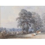 Follower of Thomas Baker of Leamington, Two figures on a bridge in a landscape, watercolour,