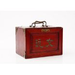 A 20th century Chinese bone and bamboo Mahjong set in a red stained wood case fitted with five