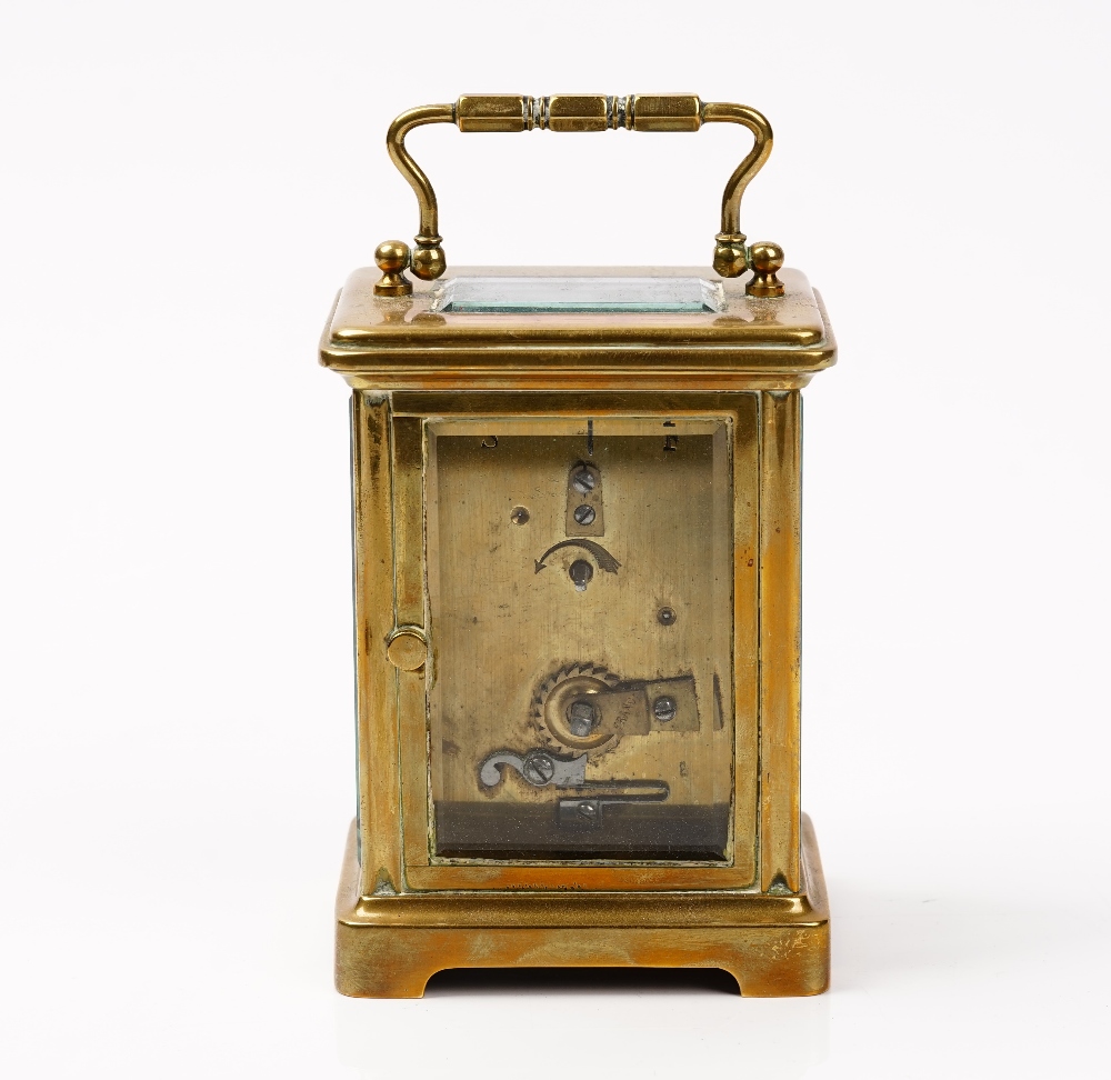 An late 19th century French brass cased carriage clock, with leather travelling case and winder, - Image 3 of 4