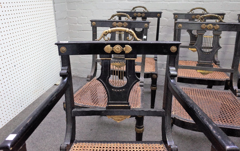 A set of eight Regency gilt metal mounted ebonised cane seat dining chairs on tapering turned - Image 2 of 5