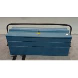 A blue painted metal Cantilever toolbox, 56cm wide x 21cm high.