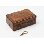A Swiss walnut and inlaid music box, late 19th century, playing two airs,