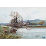 Henry Charles Fox (British, 1855-1929), River scene with figures boating,