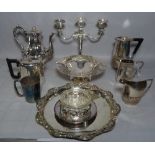 Silver plated wears including tea sets, candelabra, bowls and sundry, (qty).